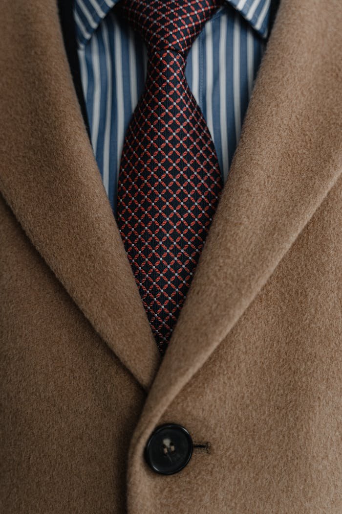 Close-up of a brown coat, striped shirt, and patterned necktie in formal attire.